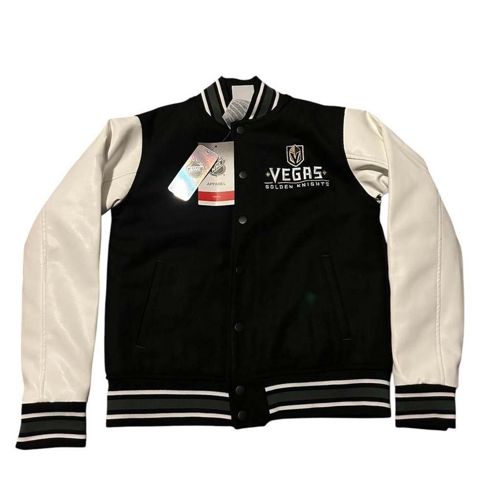 NWT Vegas Golden Knights Black and White Kids Mash Up Letterman Jacket - tk